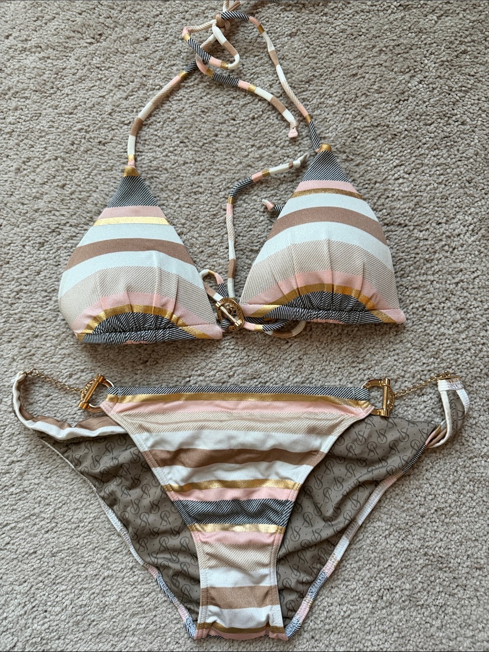 Striped Triangle Bikini Set in Pink, White & Brown